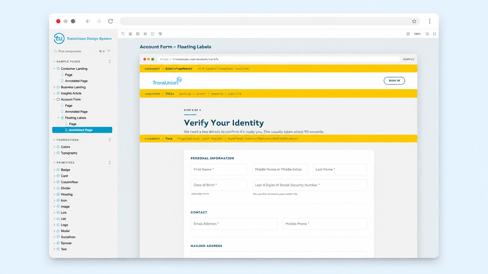 TransUnion Design System showing an annotated “Verify Your Identity” form.