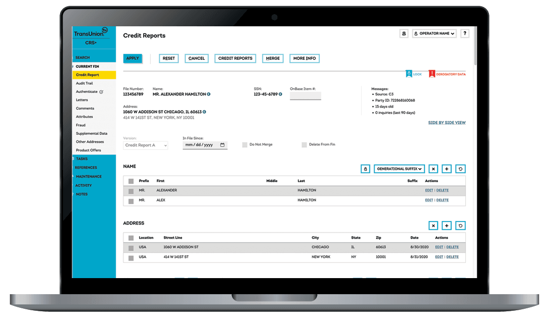 Redesigned CRS+ credit report screen showing identity, address and account-maintenance controls.