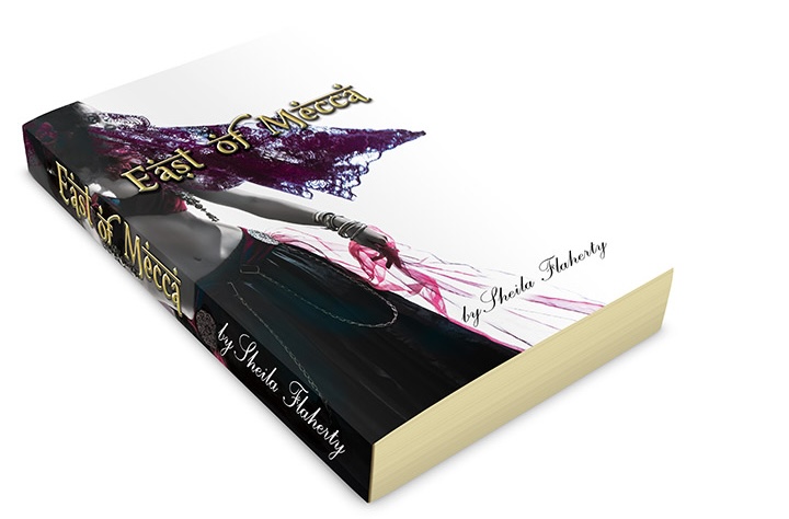 East of Mecca debut novel shown as a three-dimensional book with the original cover artwork.
