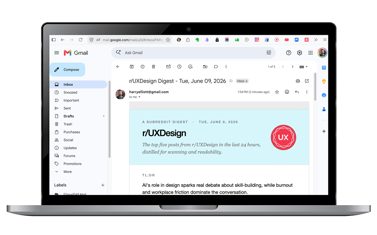 Reddit Digest email for r/UXDesign displayed in Gmail.